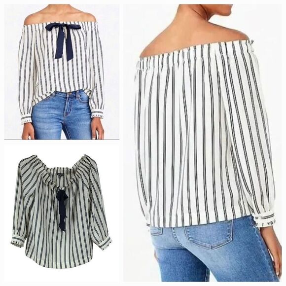 J.Crew Navy Blue Stripe Off the Shoulder Top Sailor Bow Tie Blouse - Picture 2 of 10